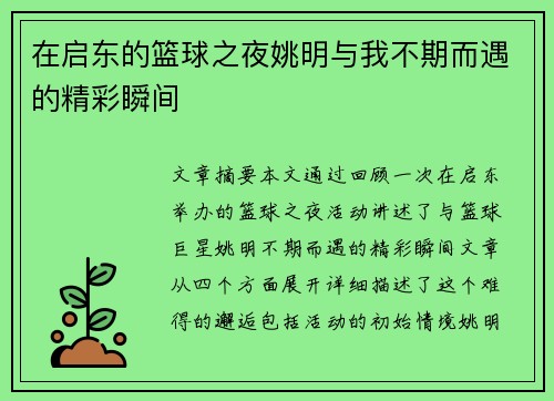 在启东的篮球之夜姚明与我不期而遇的精彩瞬间